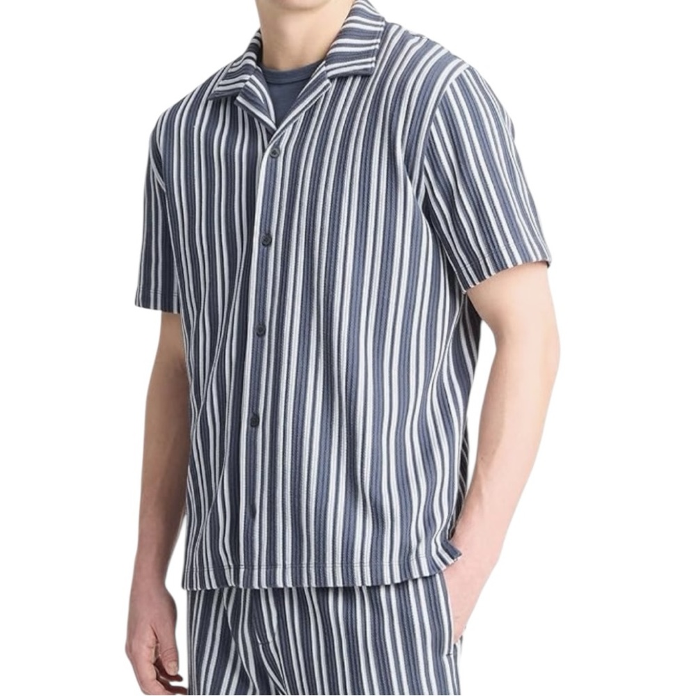 Vince Jacquard Striped Cotton-Blend Camp Shirt in blue  | XXL